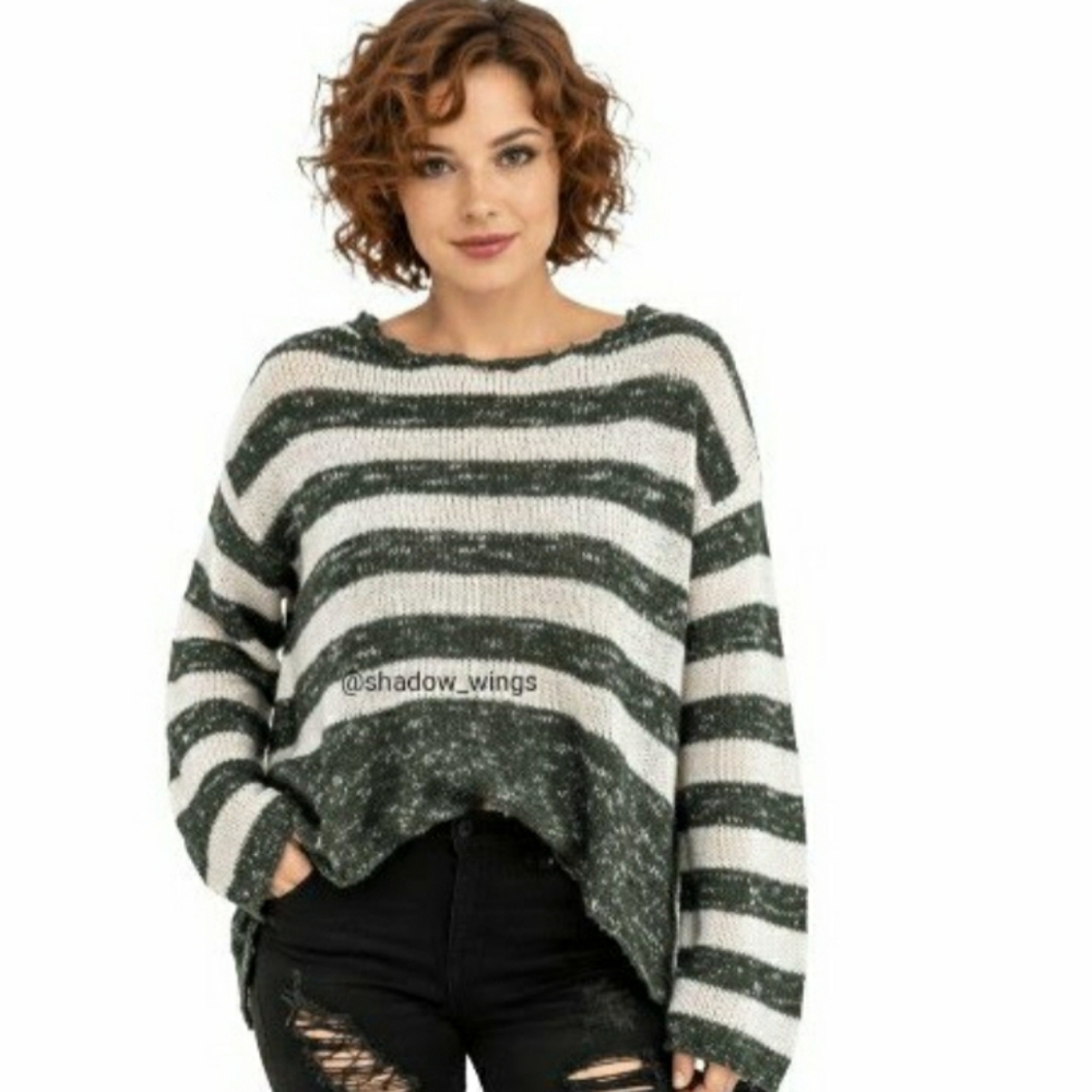 Y2K Wet Seal Green Stripe Slouchy High Low Sweater -  Size Large - Picture 5 of 9